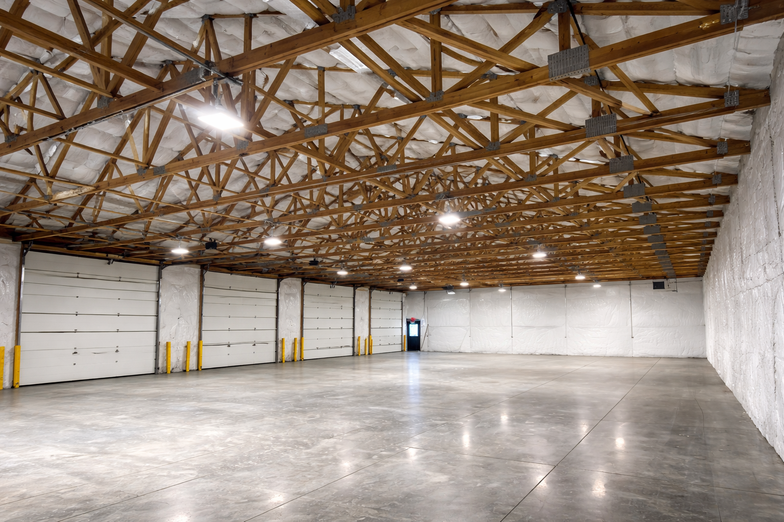 Warehouse interior with open floor and overhead trusses
